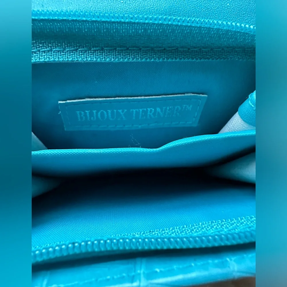 Bijoux Terner Turquoise Faux Croc Embossed Leather Cosmetic Bag & Wallet Set